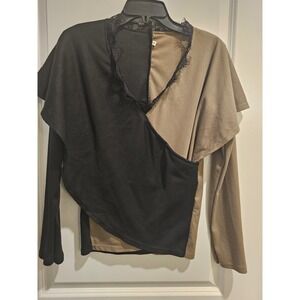 Women's szM Colorblock Lace Trim Top Long Sleeve Ribbed Knit Asymmetrical Blouse